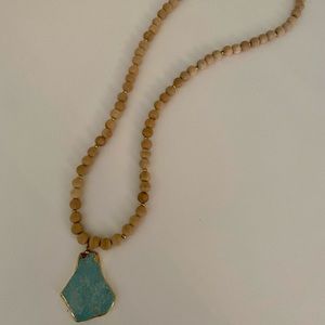 Wood and Gold Bead Necklace with Real Turquoise
